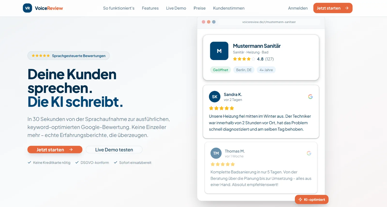 VoiceReview für dein Bewertungsmanagement, Startseite von voice-to-review.de